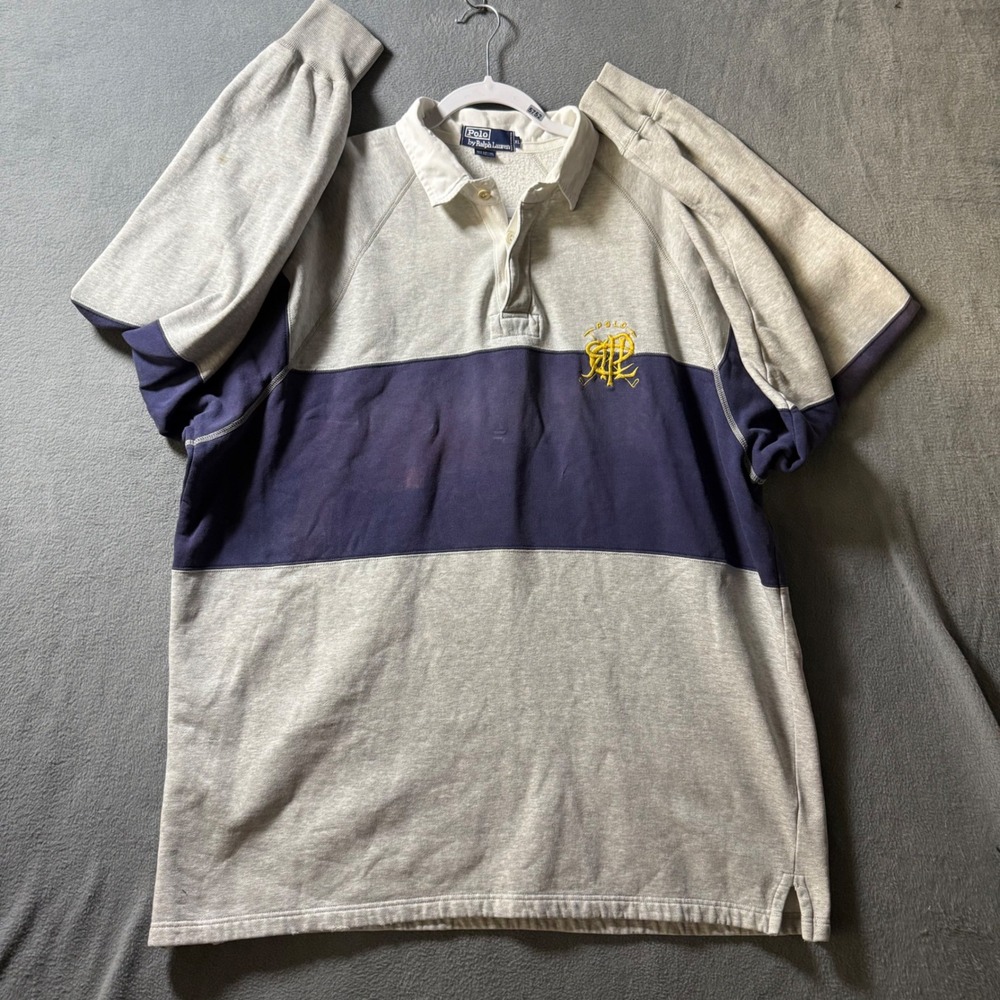 Polo Ralph Lauren Vintage Rugby Sweatshirt XL Grey Navy Crest Distressed